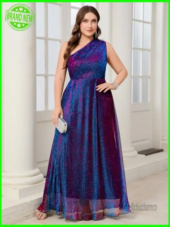 Plus Size Formal One Shoulder Maxi Dress Sparkly Sleeveless A-Line Prom Gown - Picture 2 of 7
